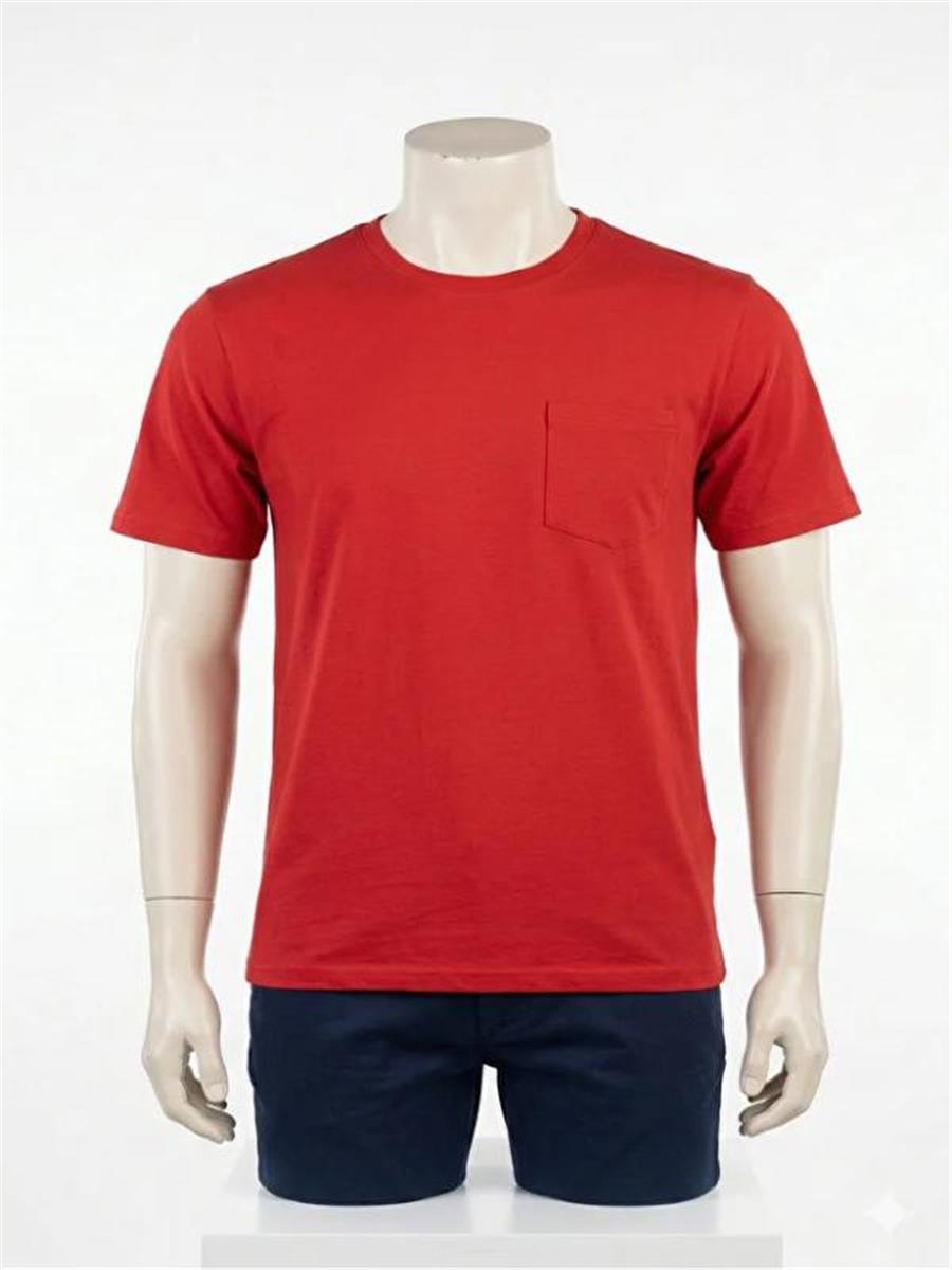 Yazlık Bisiklet Yaka Penye Tshirt %100 Pamuklu Sol Göğüs Cepli